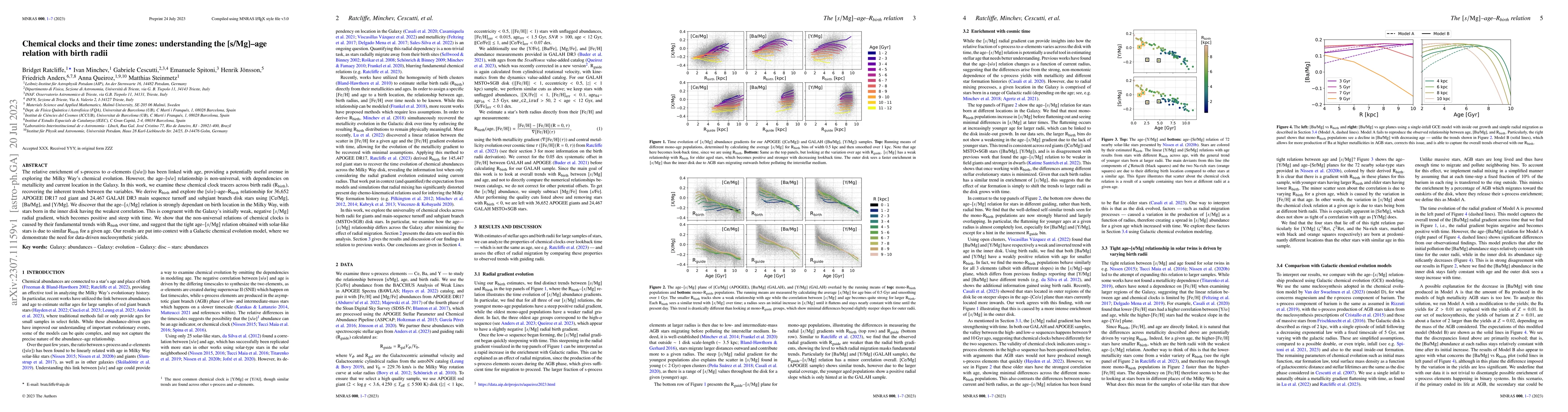 Thumbnail for Chemical clocks and their time zones: understanding the [s/Mg]--age
  relation with birth radii