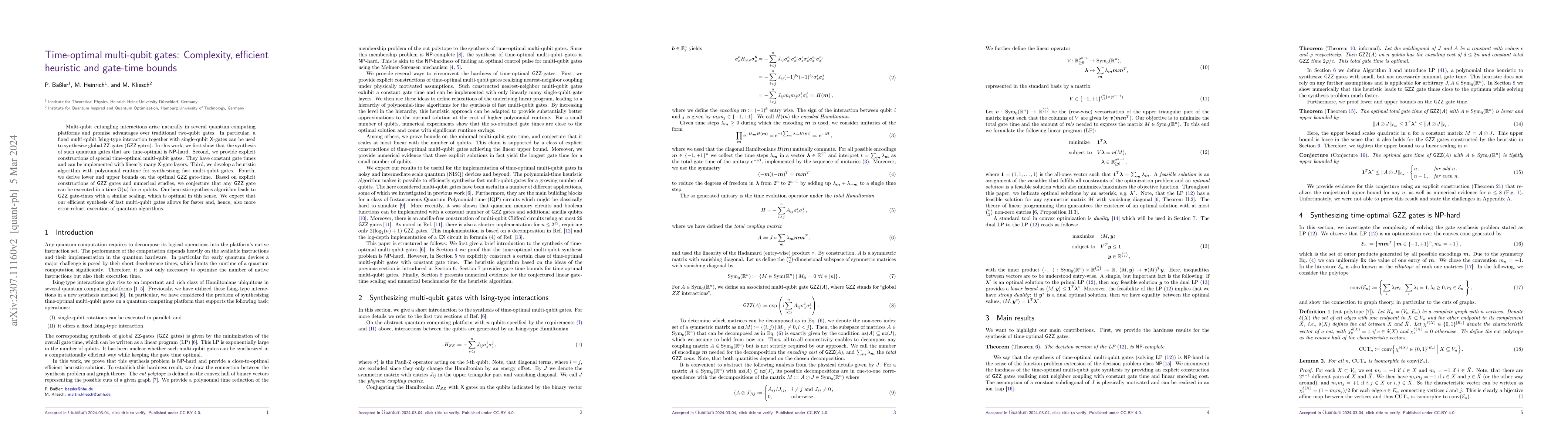 Thumbnail for Time-optimal multi-qubit gates: Complexity, efficient heuristic and
  gate-time bounds