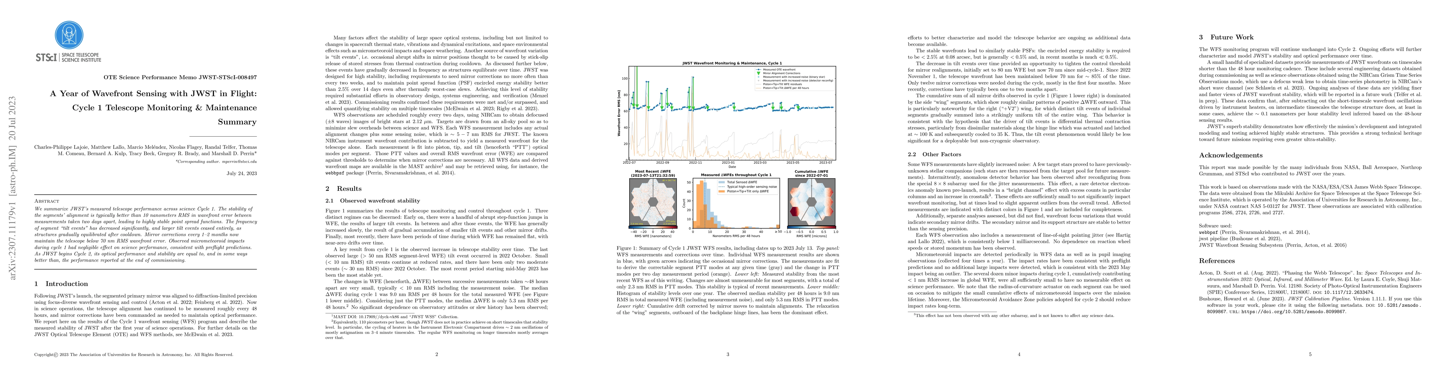 Thumbnail for A Year of Wavefront Sensing with JWST in Flight: Cycle 1 Telescope
  Monitoring and Maintenance Summary
