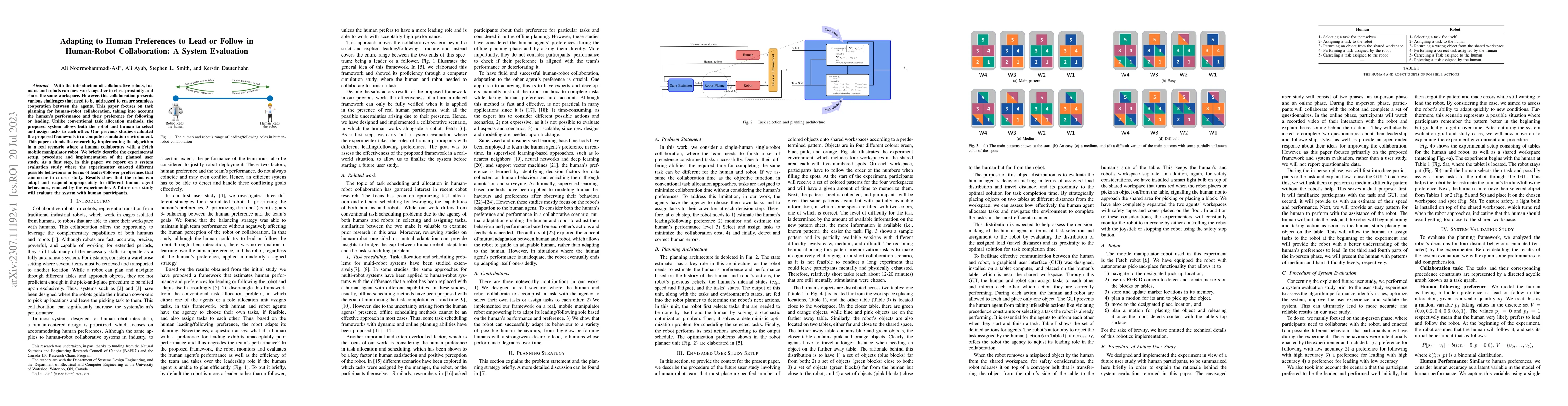 Thumbnail for Adapting to Human Preferences to Lead or Follow in Human-Robot
  Collaboration: A System Evaluation