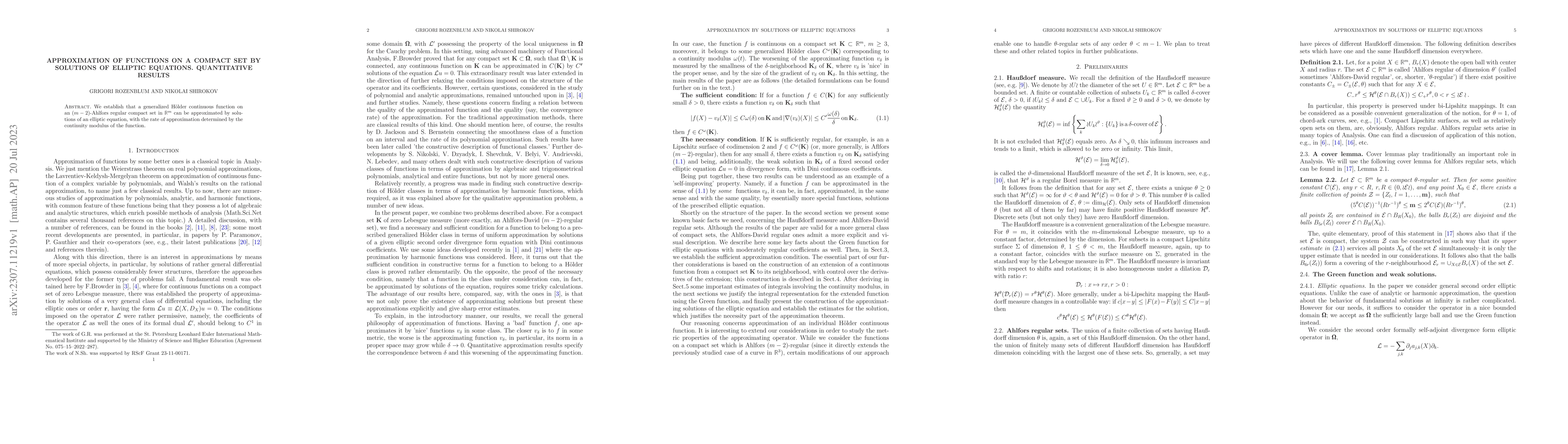Thumbnail for Approximation of functions on a compact set by solutions of elliptic
  equations. Quantitative results