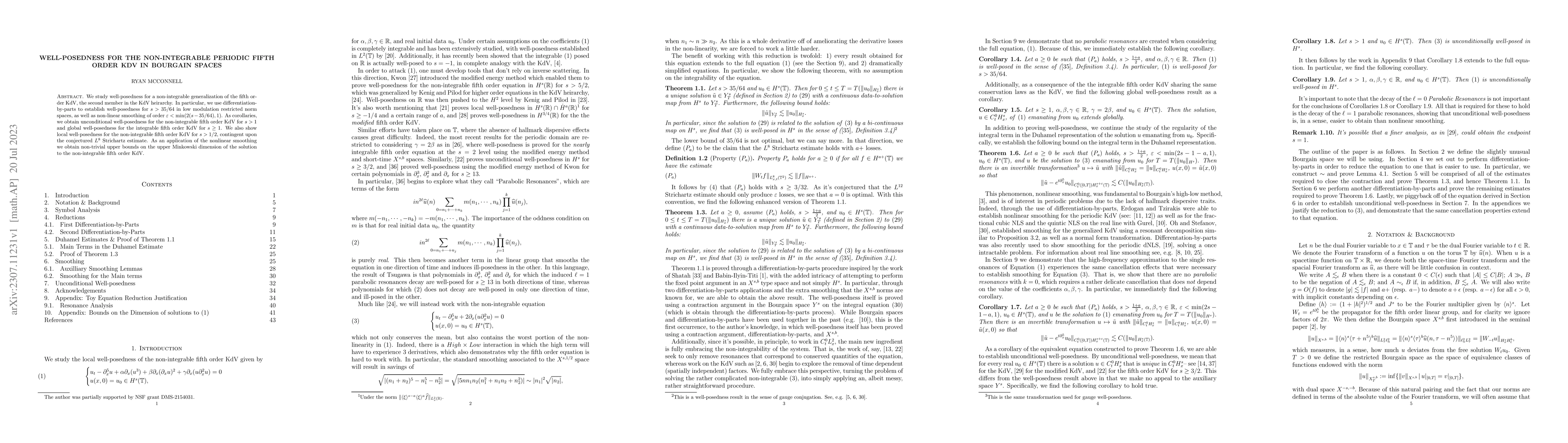 Thumbnail for Well-posedness for the Non-integrable Periodic Fifth Order KdV in
  Bourgain Spaces