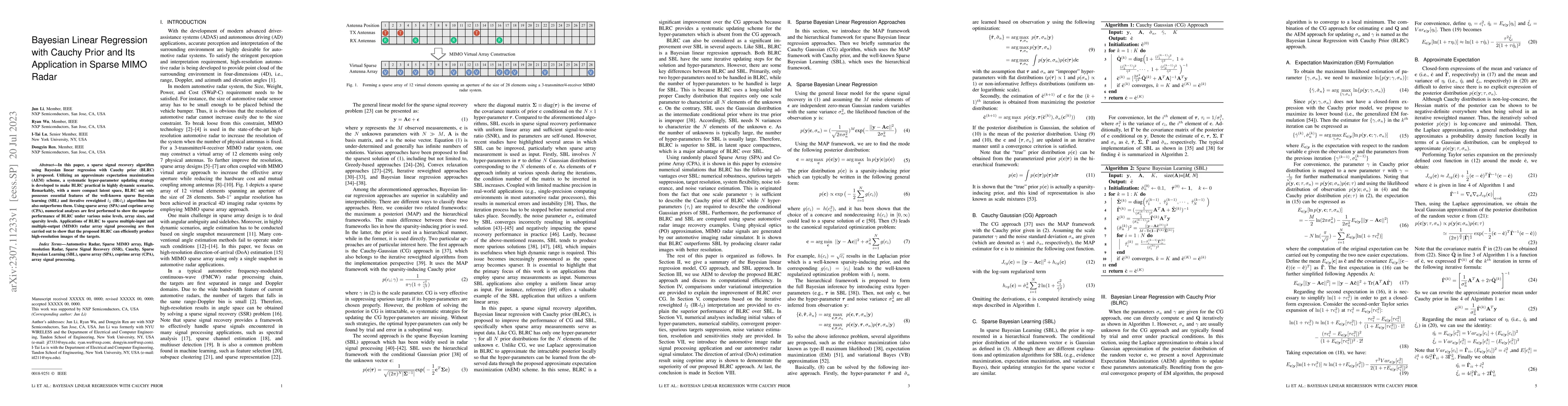 Thumbnail for Bayesian Linear Regression with Cauchy Prior and Its Application in
  Sparse MIMO Radar