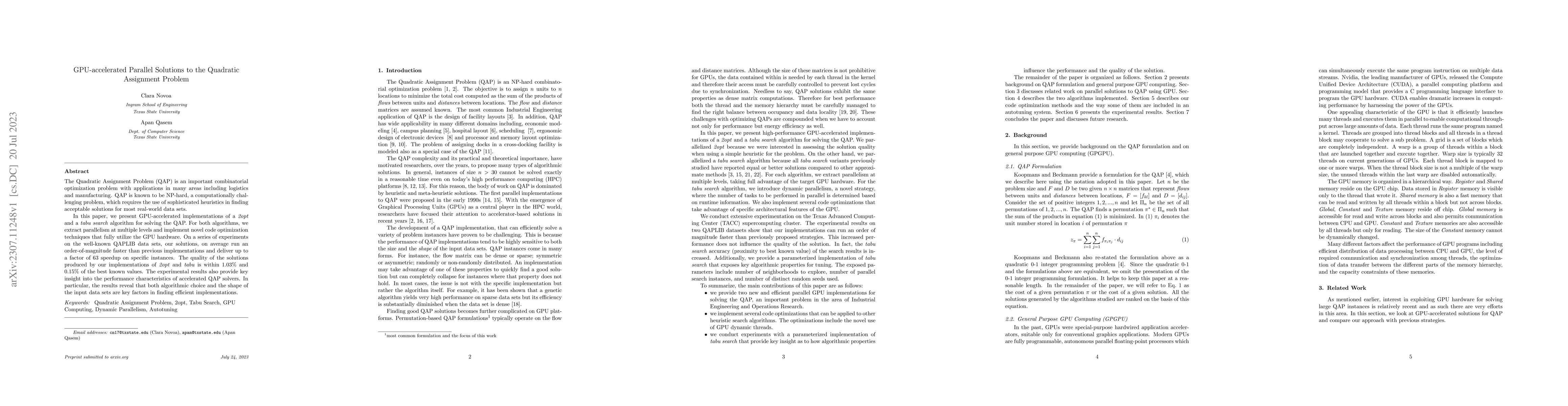 Thumbnail for GPU-accelerated Parallel Solutions to the Quadratic Assignment Problem