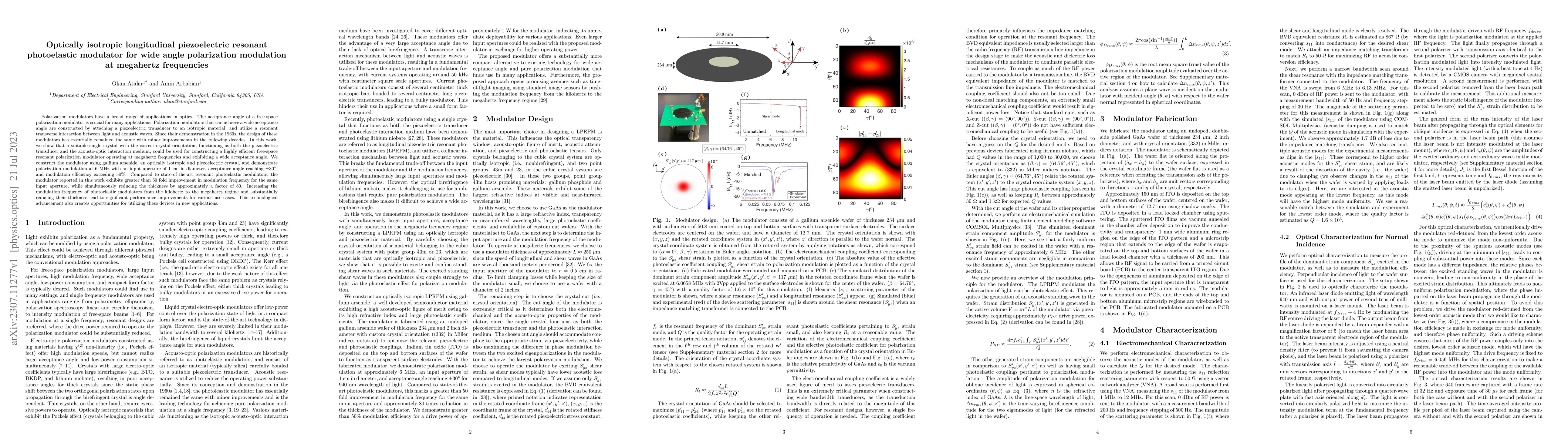 Thumbnail for Optically isotropic longitudinal piezoelectric resonant photoelastic
  modulator for wide angle polarization modulation at megahertz frequencies