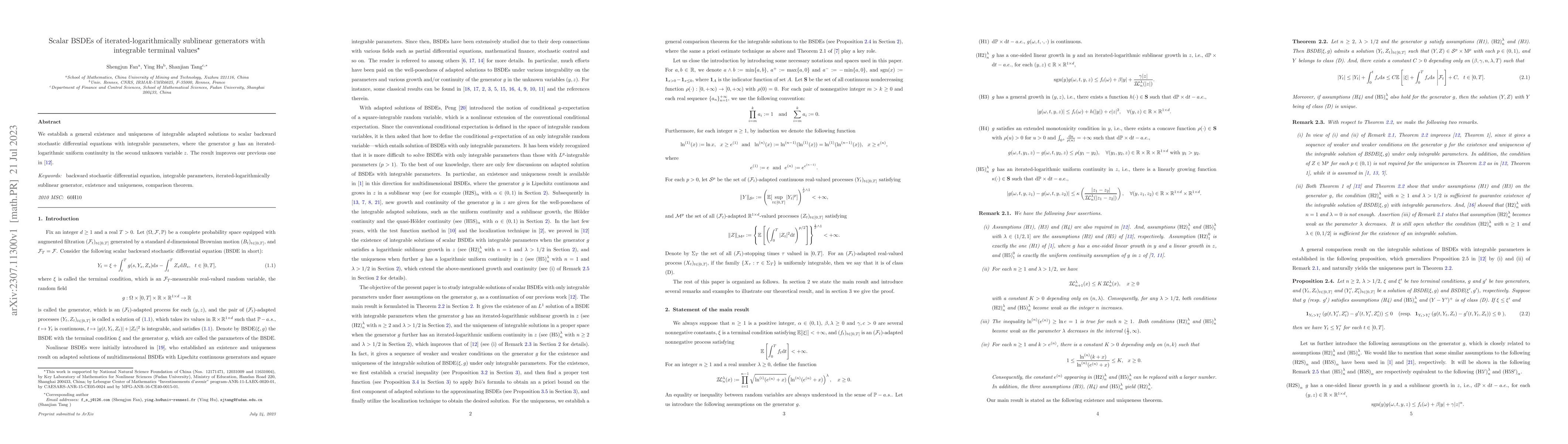 Thumbnail for Scalar BSDEs of iterated-logarithmically sublinear generators with
  integrable terminal values
