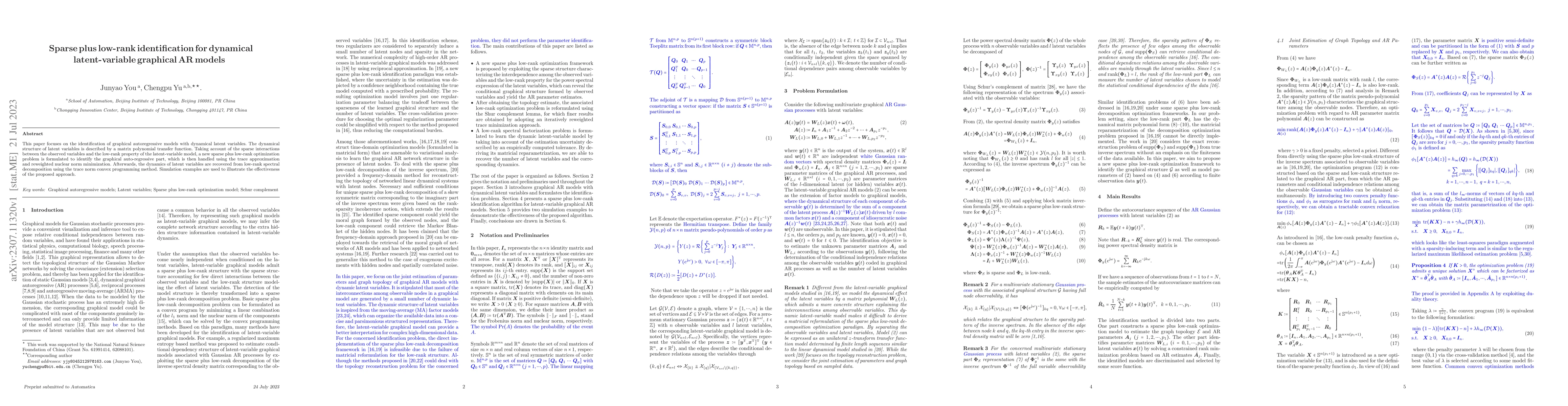 Thumbnail for Sparse plus low-rank identification for dynamical latent-variable
  graphical AR models