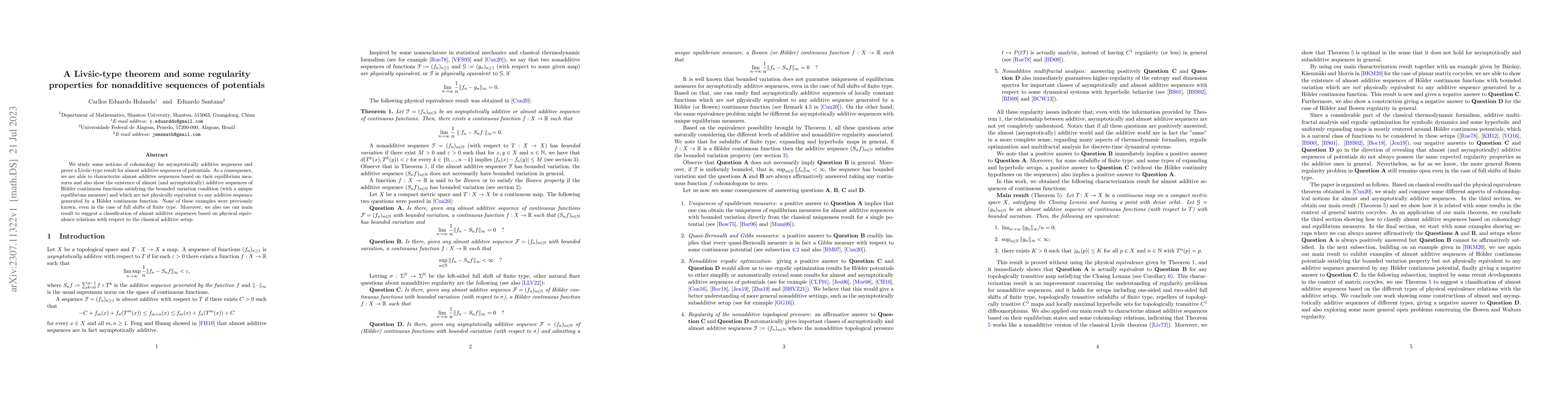 Thumbnail for A Liv\v{s}ic-type theorem and some regularity properties for nonadditive
  sequences of potentials