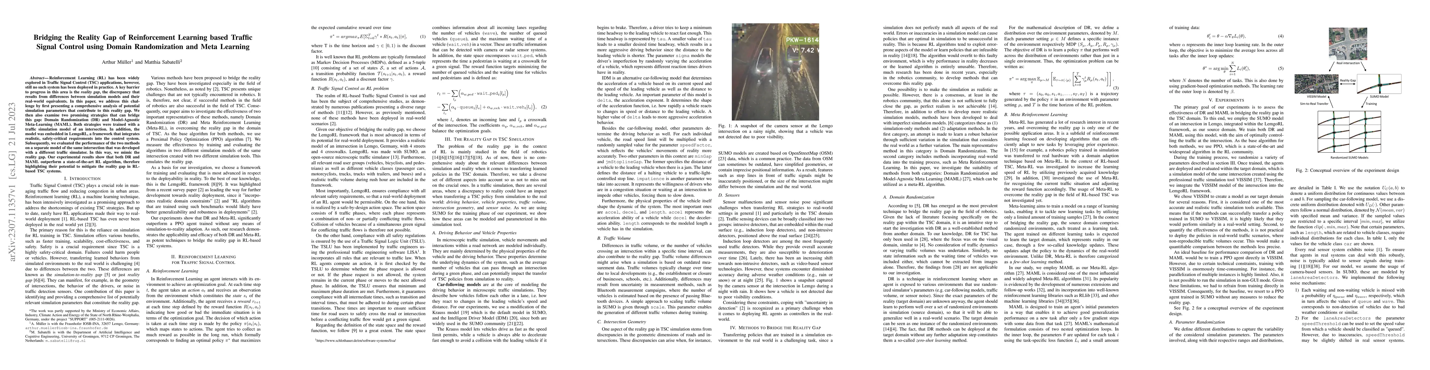 Thumbnail for Bridging the Reality Gap of Reinforcement Learning based Traffic Signal
  Control using Domain Randomization and Meta Learning