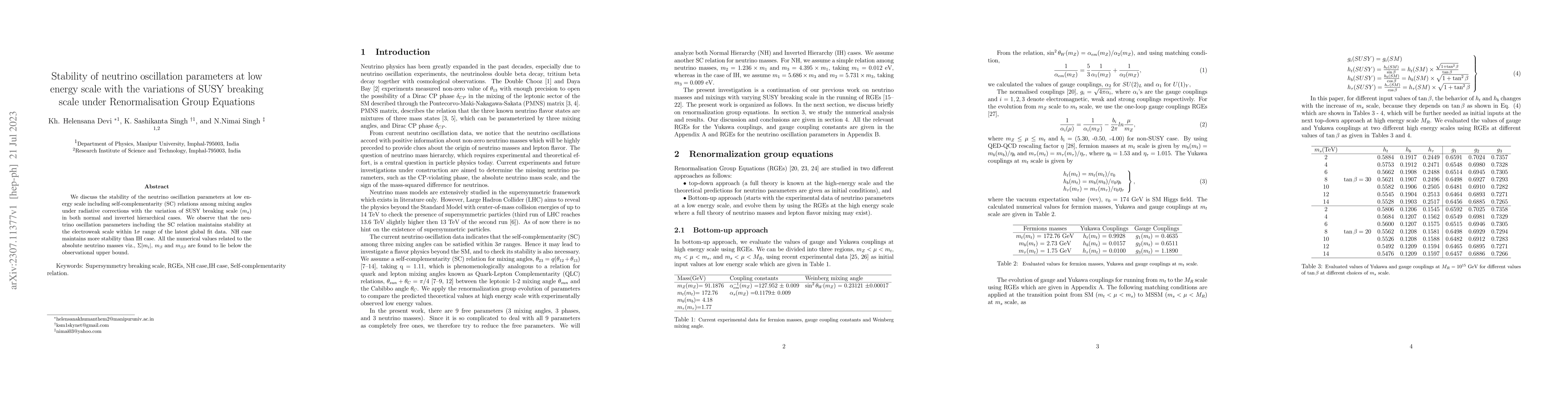 Thumbnail for Stability of neutrino oscillation parameters at low energy scale with
  the variations of SUSY breaking scale under Renormalisation Group Equations