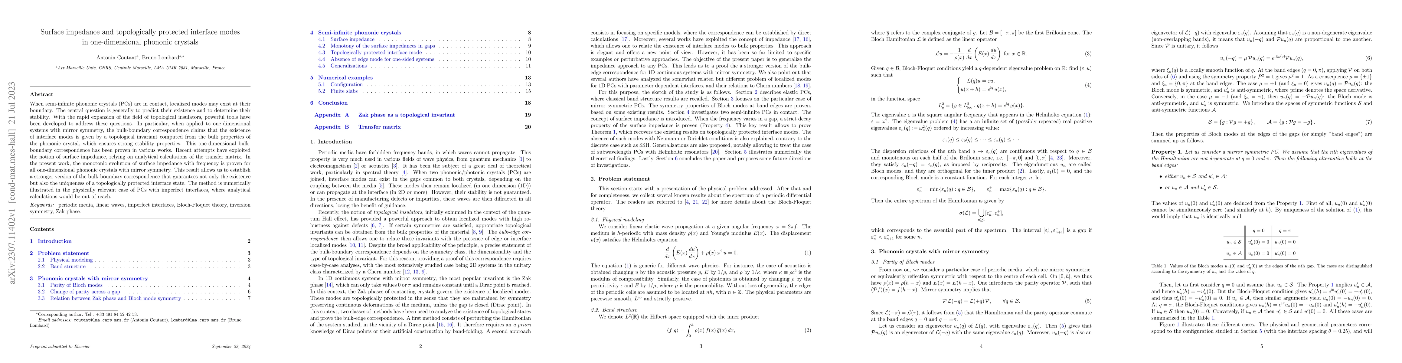 Thumbnail for Surface impedance and topologically protected interface modes in
  one-dimensional phononic crystals