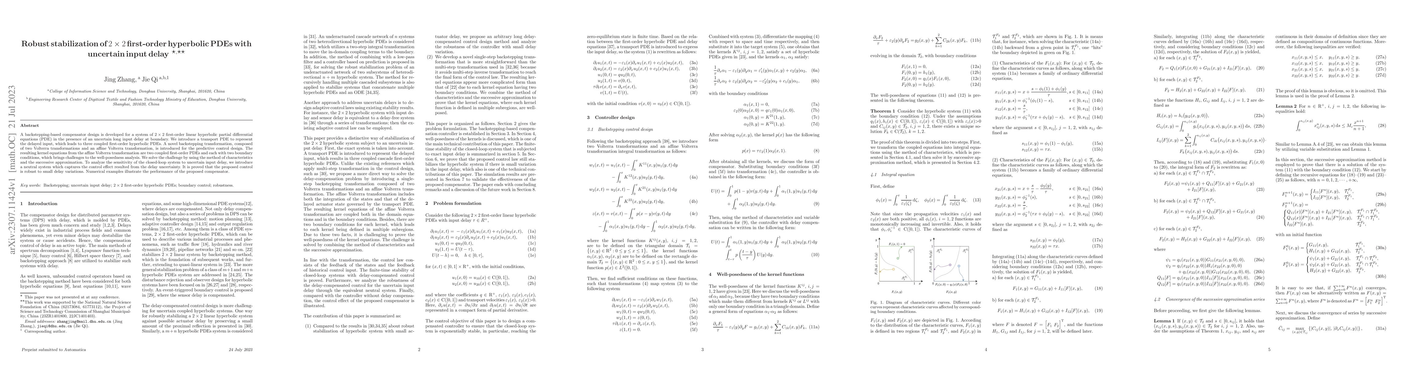 Thumbnail for Robust stabilization of $2 \times 2$ first-order hyperbolic PDEs with
  uncertain input delay