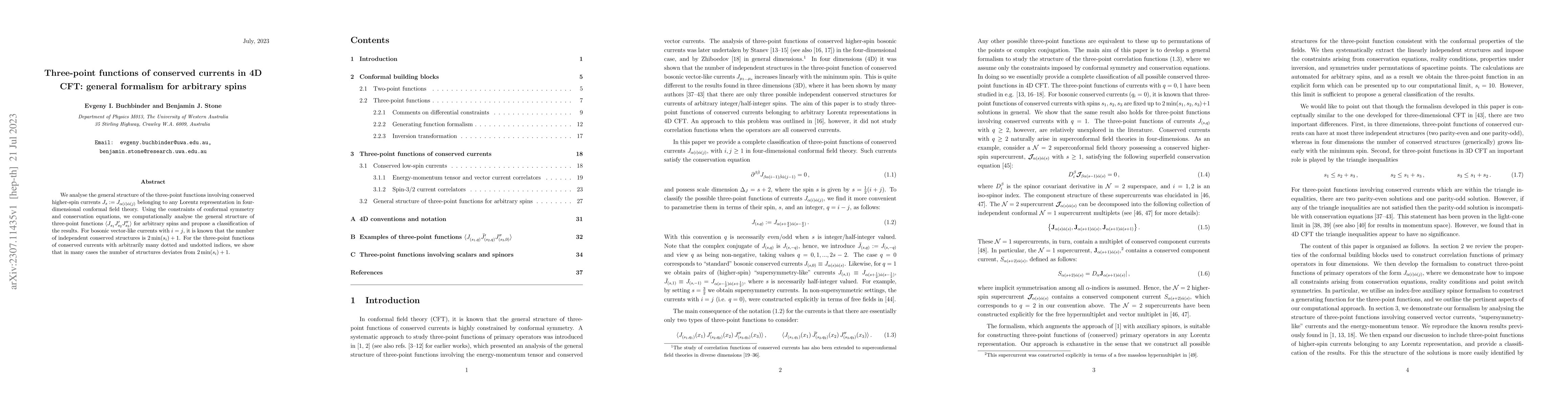 Thumbnail for Three-point functions of conserved currents in 4D CFT: general formalism
  for arbitrary spins