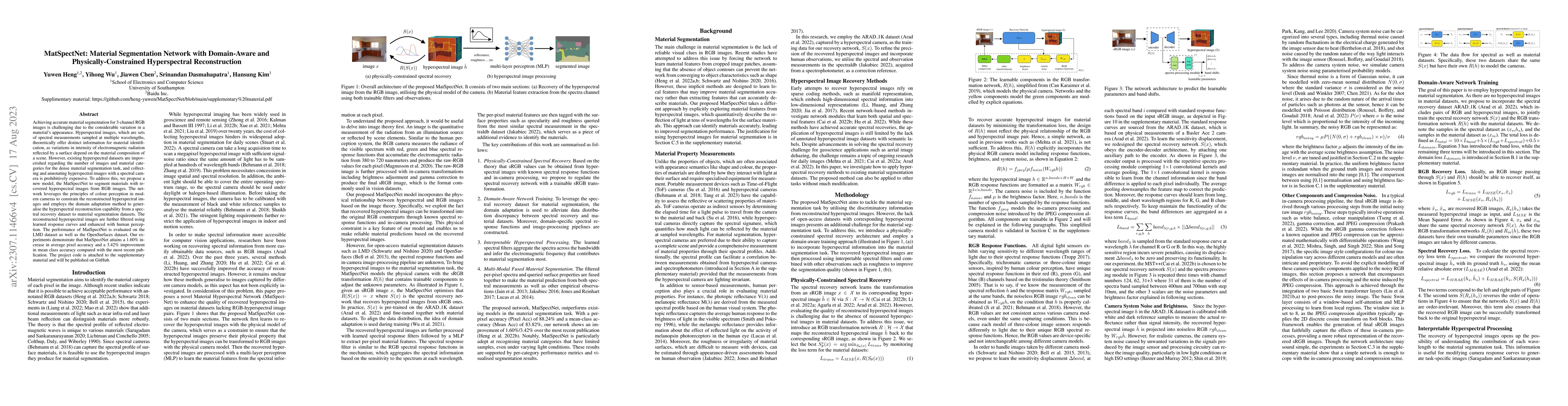 Thumbnail for MatSpectNet: Material Segmentation Network with Domain-Aware and
  Physically-Constrained Hyperspectral Reconstruction