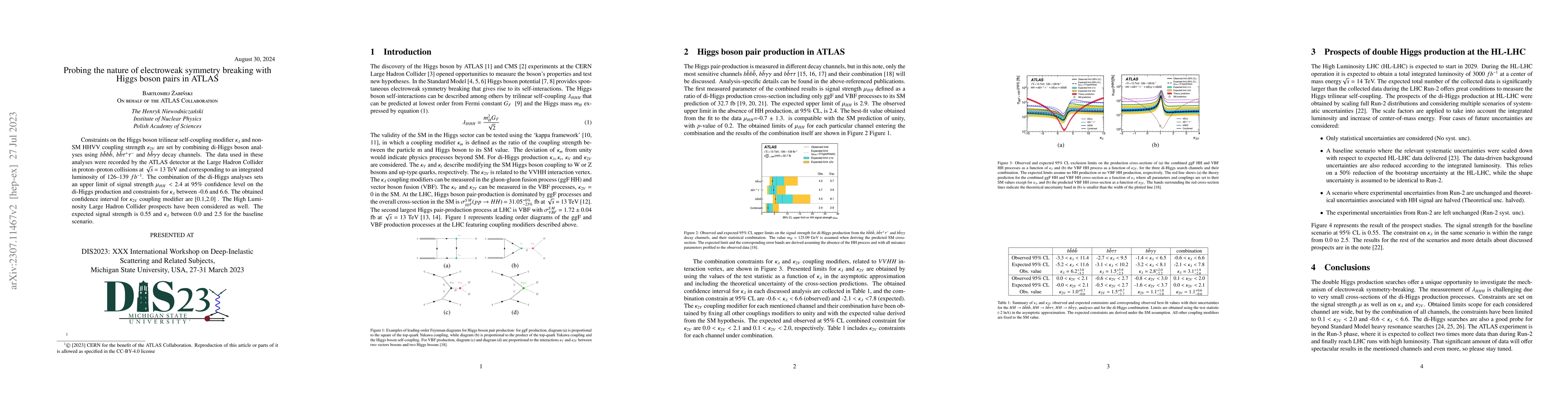 Thumbnail for Probing the nature of electroweak symmetry breaking with Higgs boson
  pairs in ATLAS