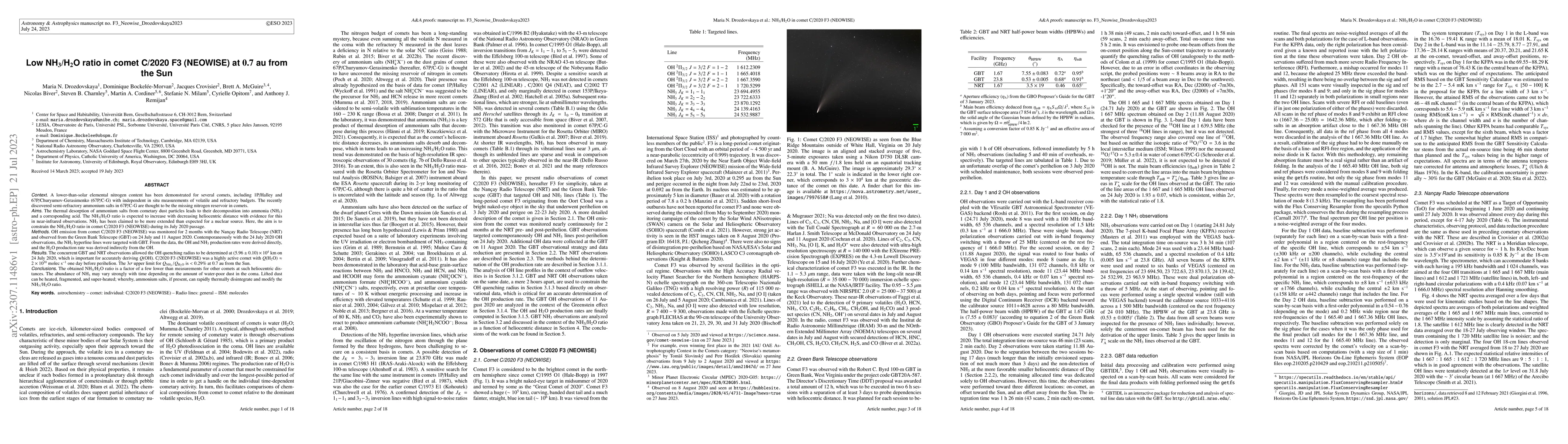 Thumbnail for Low NH$_{3}$/H$_{2}$O ratio in comet C/2020 F3 (NEOWISE) at 0.7 au from
  the Sun