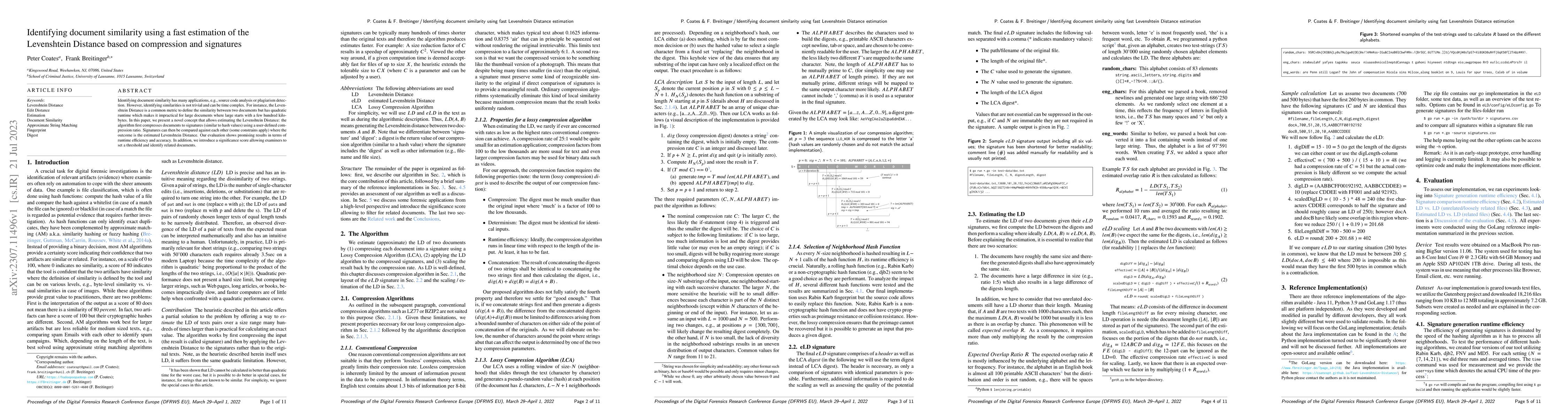 Thumbnail for Identifying document similarity using a fast estimation of the
  Levenshtein Distance based on compression and signatures