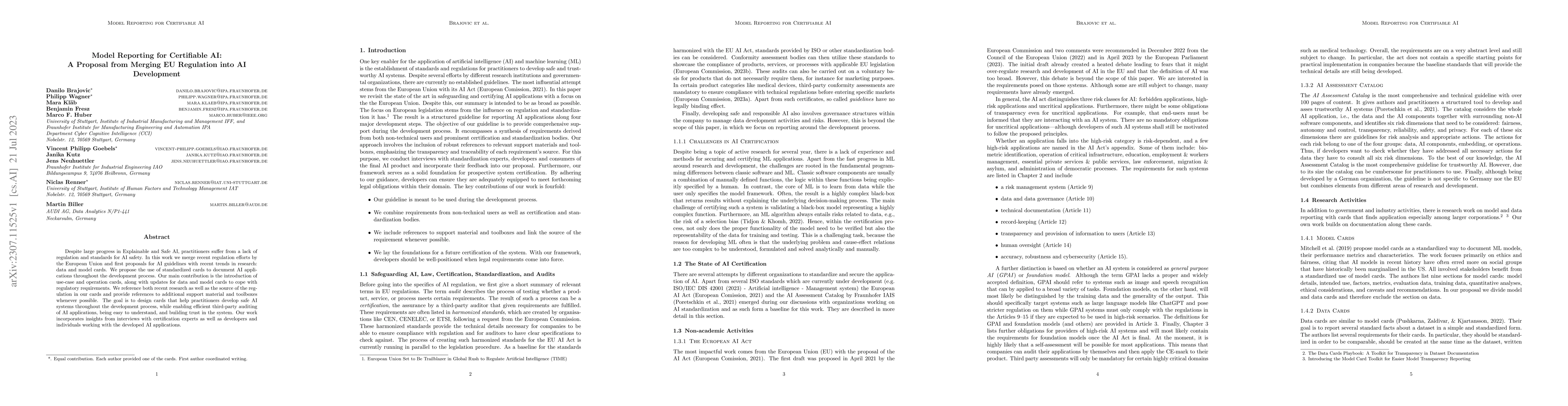 Thumbnail for Model Reporting for Certifiable AI: A Proposal from Merging EU
  Regulation into AI Development