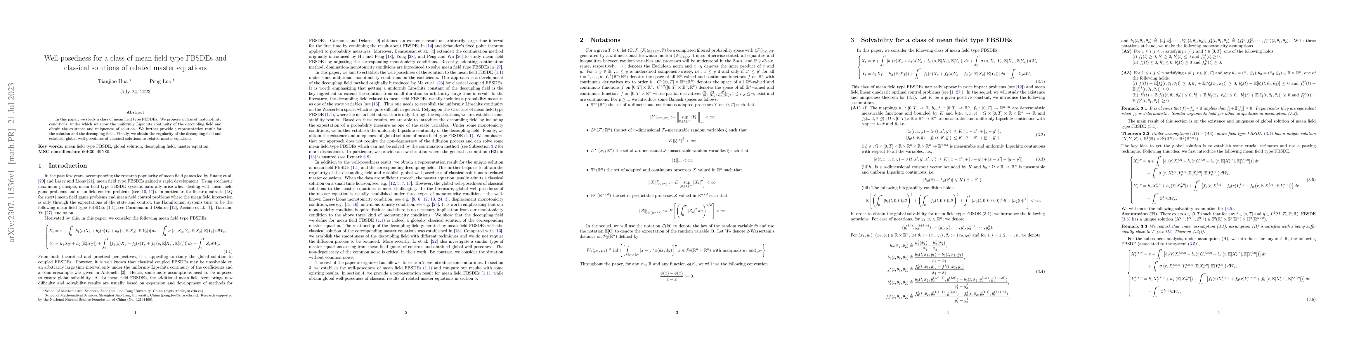Thumbnail for Well-posedness for a class of mean field type FBSDEs and classical
  solutions of related master equations