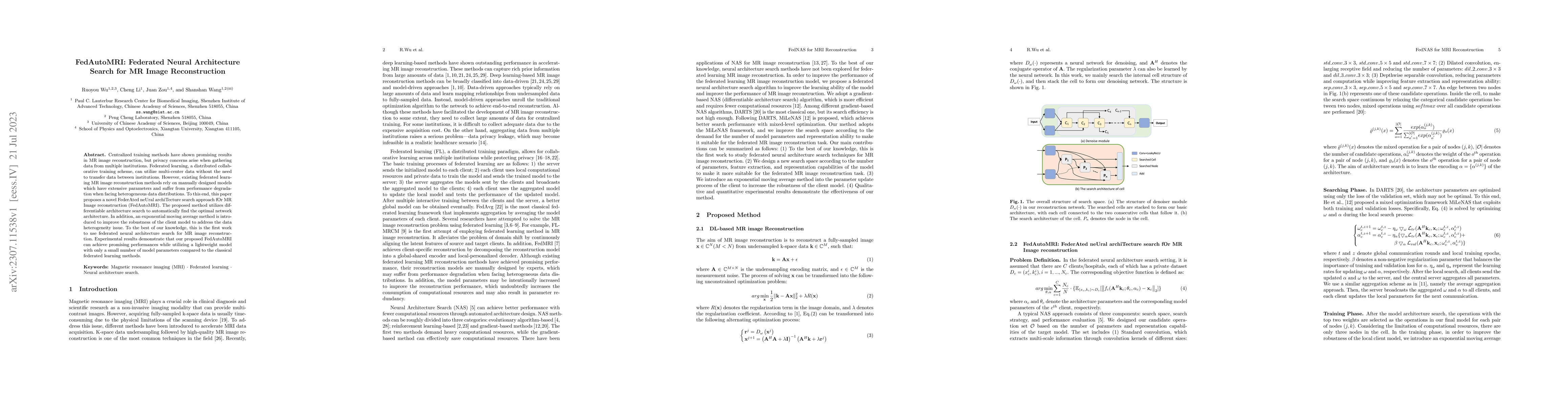Thumbnail for FedAutoMRI: Federated Neural Architecture Search for MR Image
  Reconstruction
