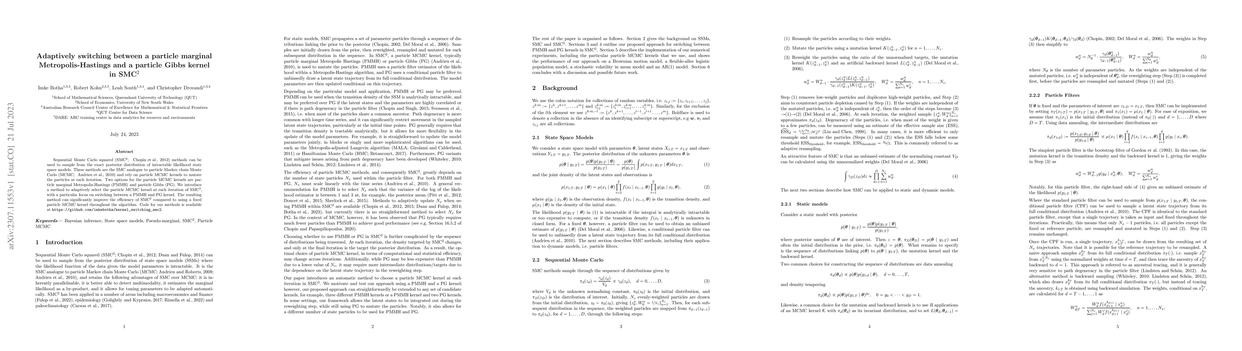 Thumbnail for Adaptively switching between a particle marginal Metropolis-Hastings and
  a particle Gibbs kernel in SMC$^2$