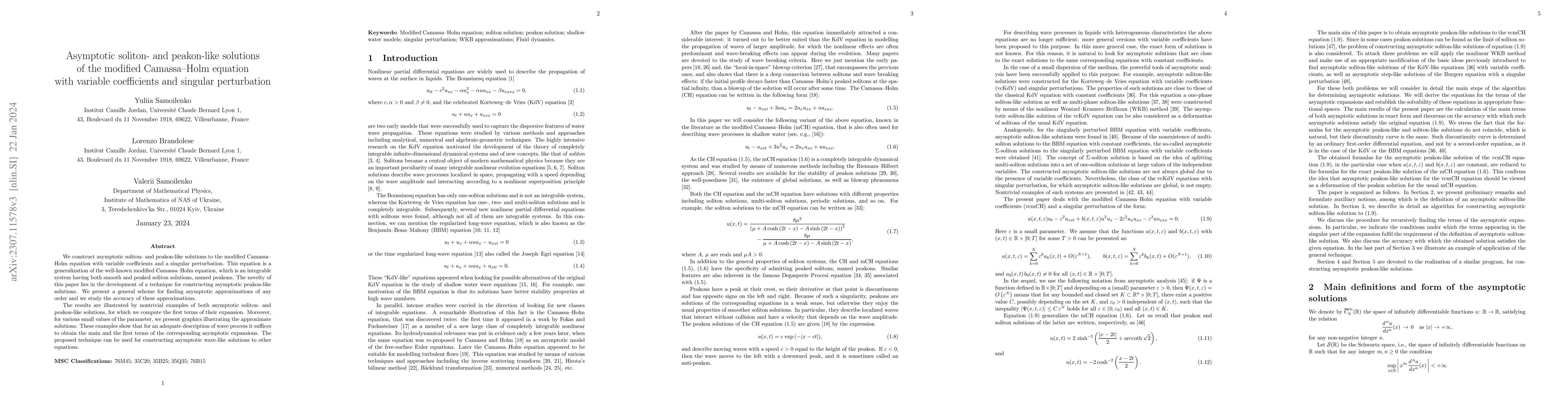 Thumbnail for Asymptotic soliton-like and asymptotic peakon-like solutions of the
  modified Camassa-Holm equation with variable coefficients and singular
  perturbation