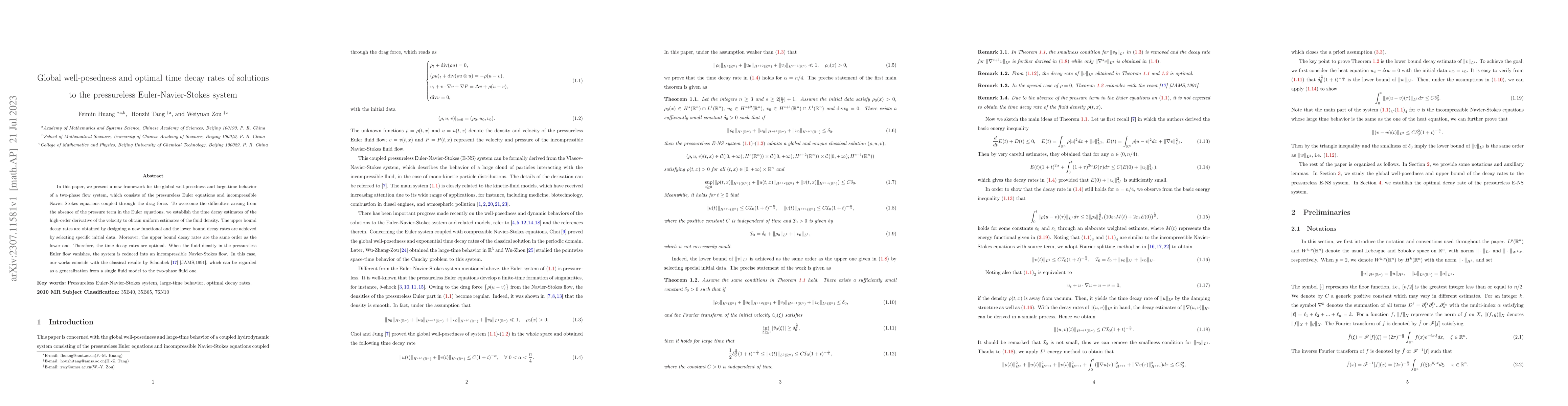 Thumbnail for Global well-posedness and optimal time decay rates of solutions to the
  pressureless Euler-Navier-Stokes system