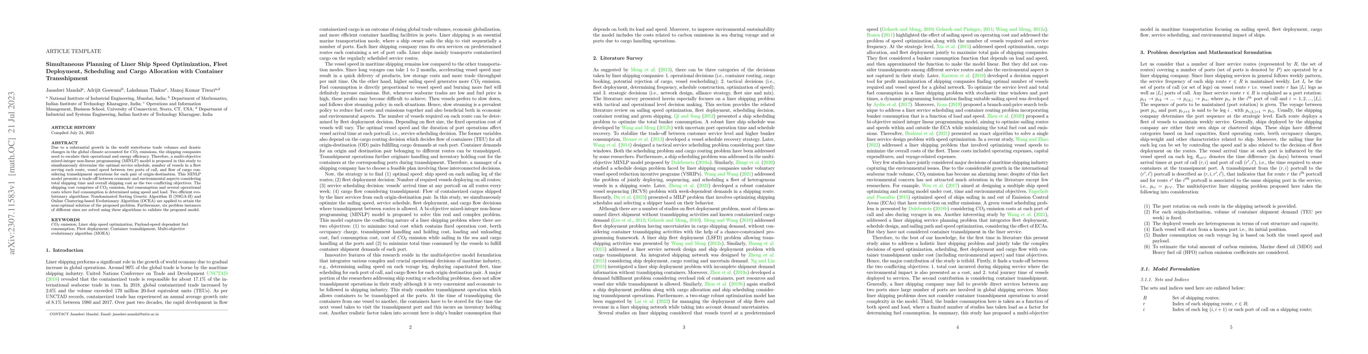 Thumbnail for Simultaneous Planning of Liner Ship Speed Optimization, Fleet
  Deployment, Scheduling and Cargo Allocation with Container Transshipment
