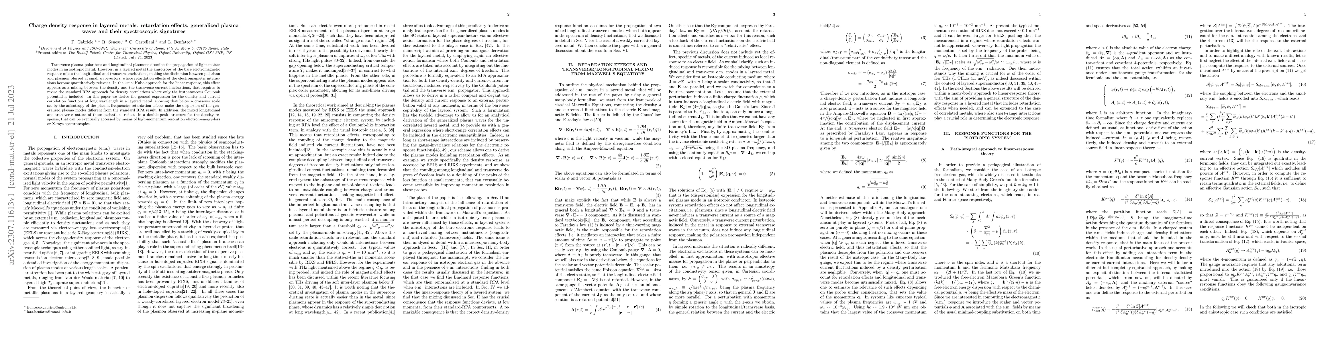 Thumbnail for Charge density response in layered metals: retardation effects,
  generalized plasma waves and their spectroscopic signatures