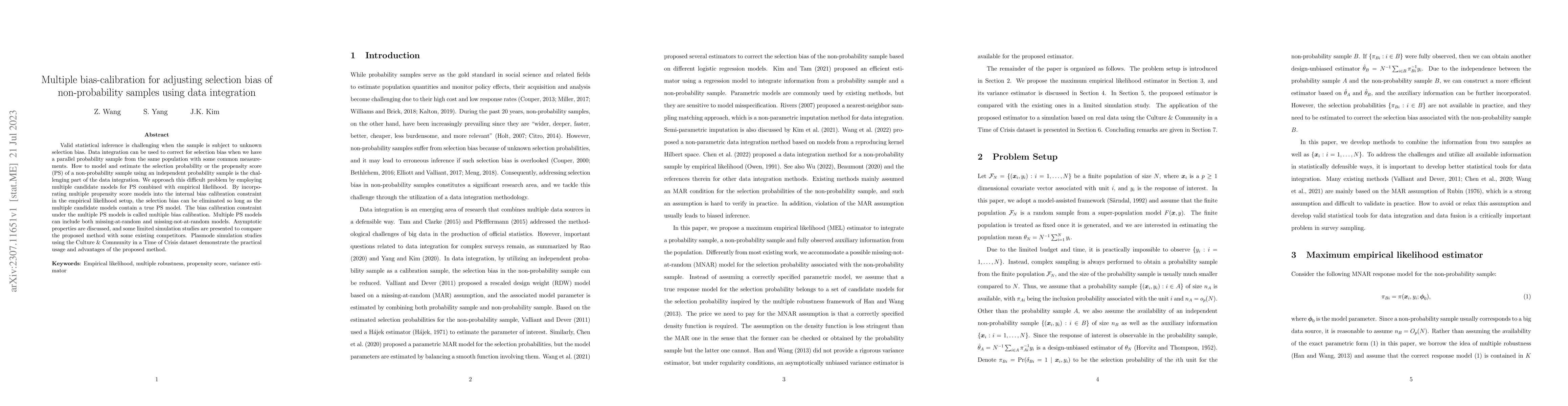 Thumbnail for Multiple bias-calibration for adjusting selection bias of
  non-probability samples using data integration