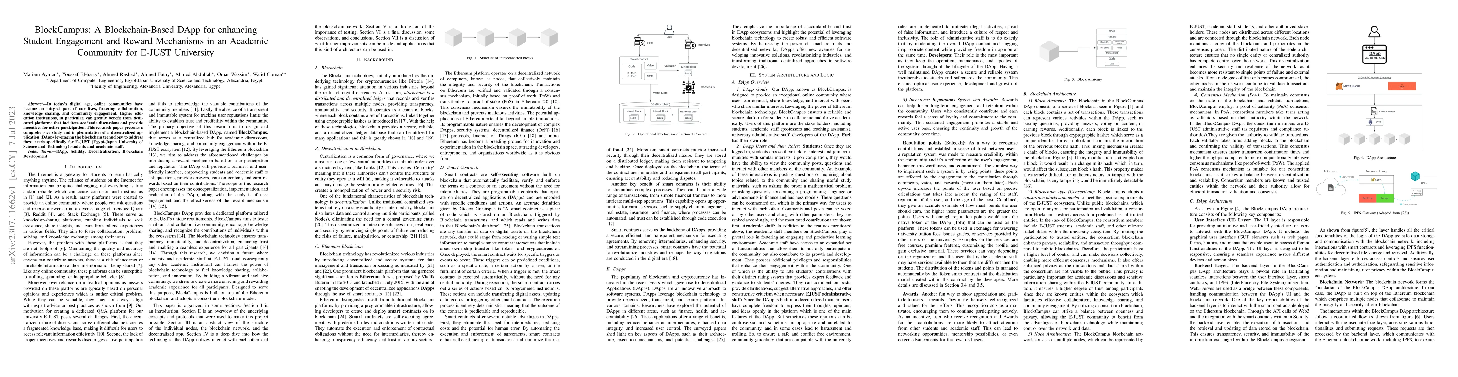 Thumbnail for BlockCampus: A Blockchain-Based DApp for enhancing Student Engagement
  and Reward Mechanisms in an Academic Community for E-JUST University