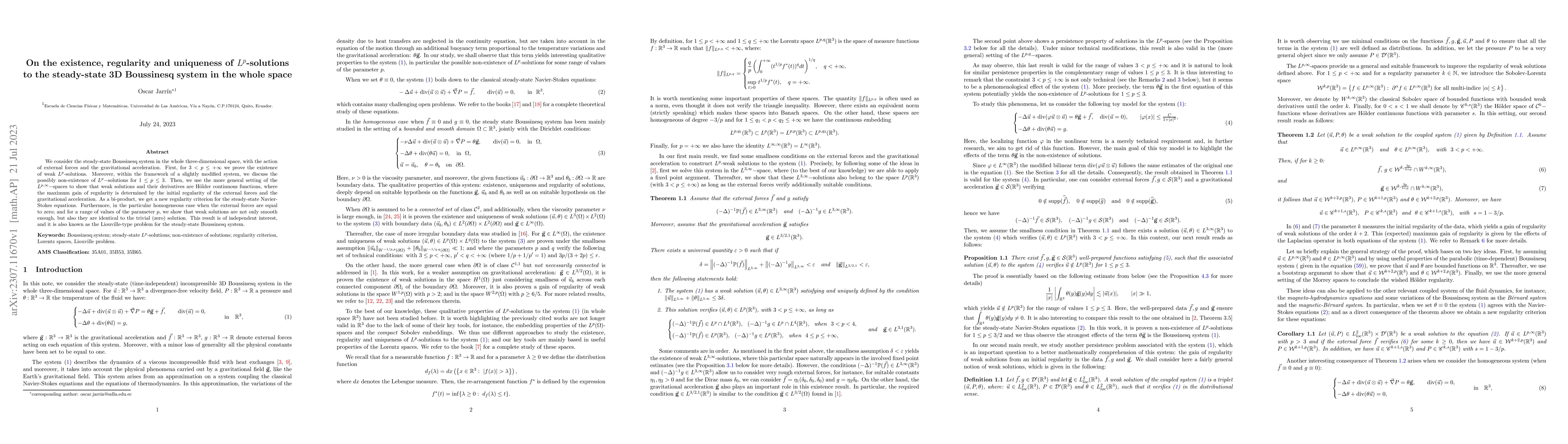 Thumbnail for On the existence, regularity and uniqueness of $L^p$-solutions to the
  steady-state 3D Boussinesq system in the whole space