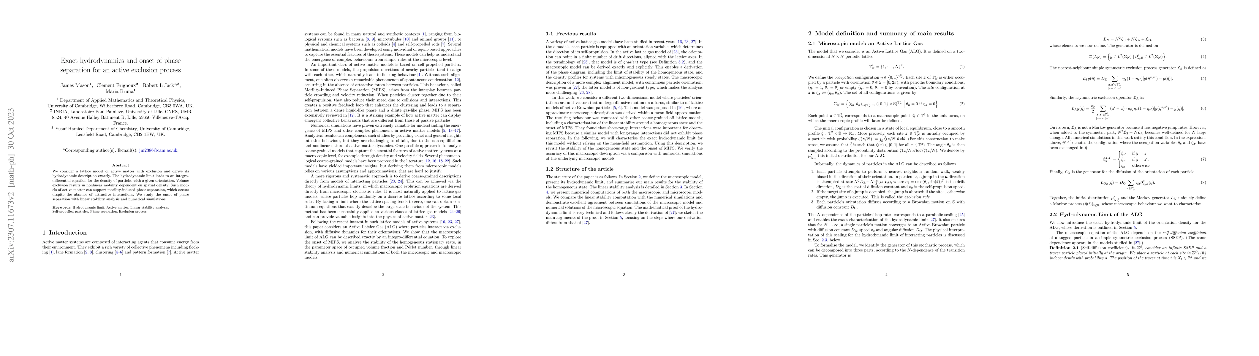Thumbnail for Exact hydrodynamics and onset of phase separation for an active
  exclusion process