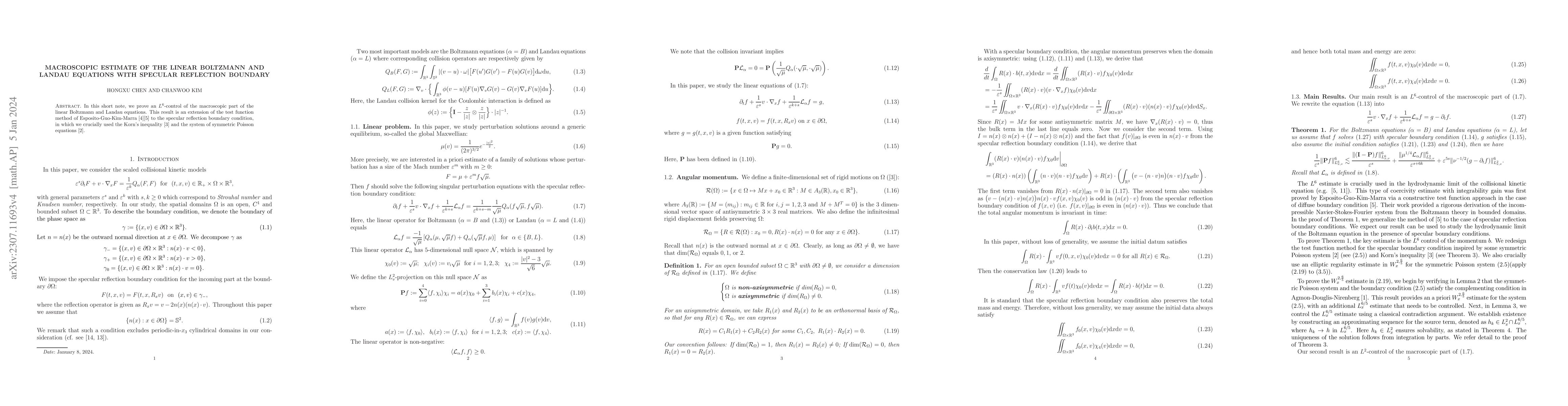 Thumbnail for Macroscopic estimate of the linear Boltzmann and Landau equations with
  Specular reflection boundary