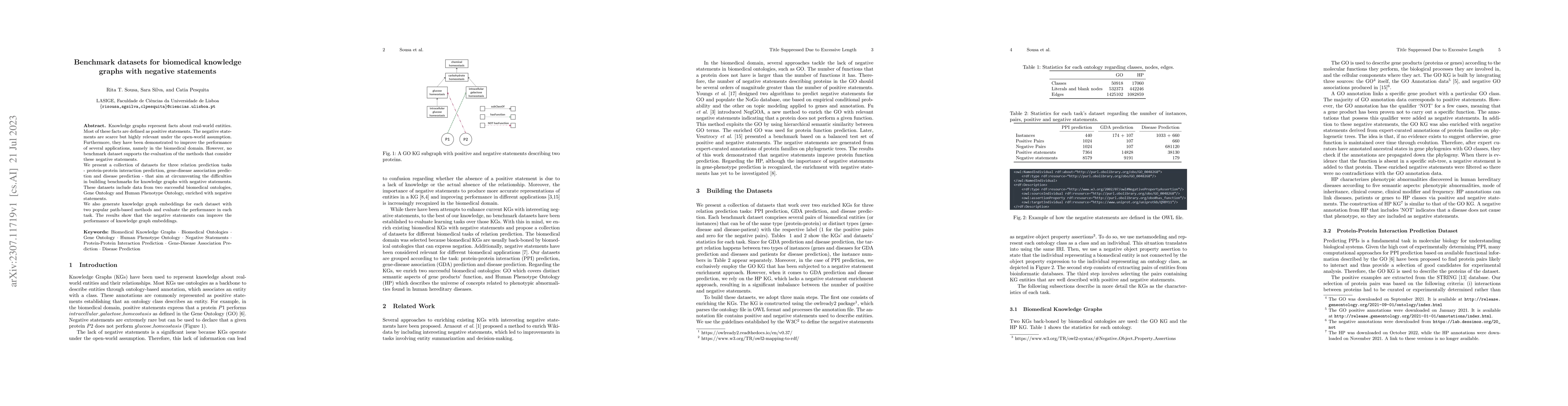 Thumbnail for Benchmark datasets for biomedical knowledge graphs with negative
  statements