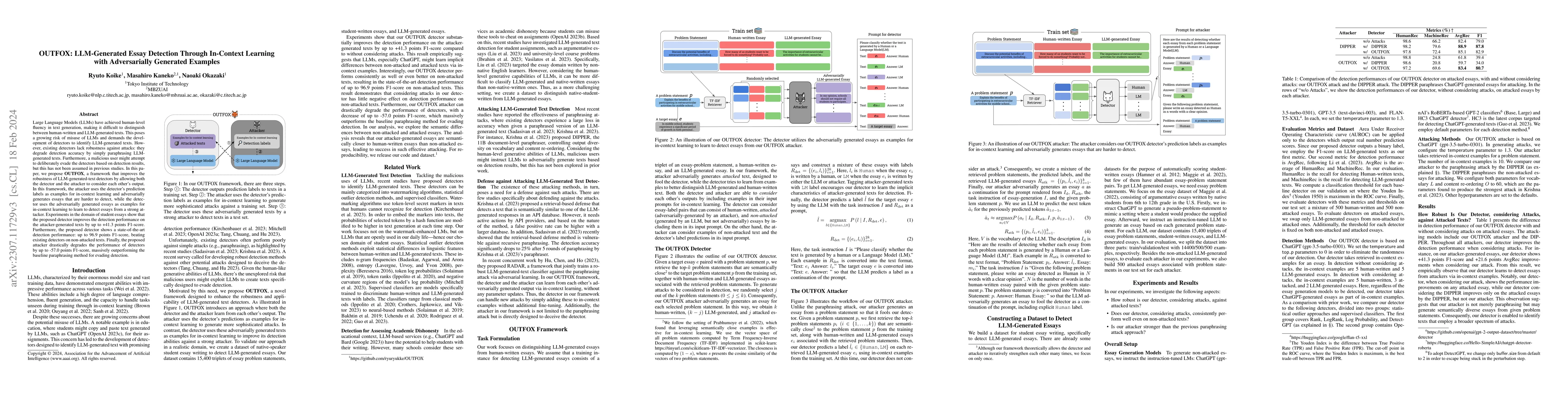 Thumbnail for OUTFOX: LLM-Generated Essay Detection Through In-Context Learning with
  Adversarially Generated Examples
