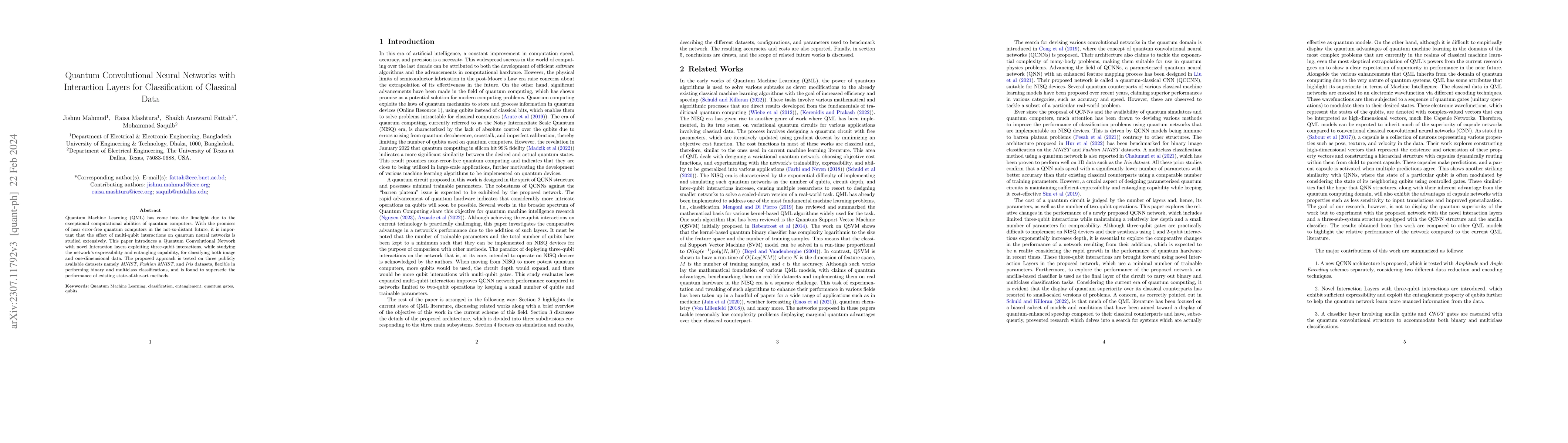 Thumbnail for Quantum Convolutional Neural Networks with Interaction Layers for
  Classification of Classical Data