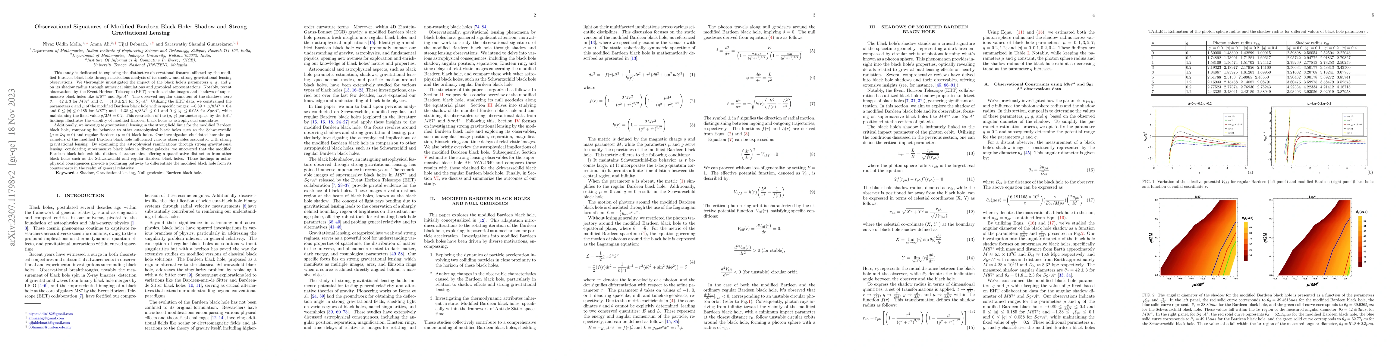 Thumbnail for Observational Signatures of Modified Bardeen Black Hole: Shadow and
  Strong Gravitational Lensing