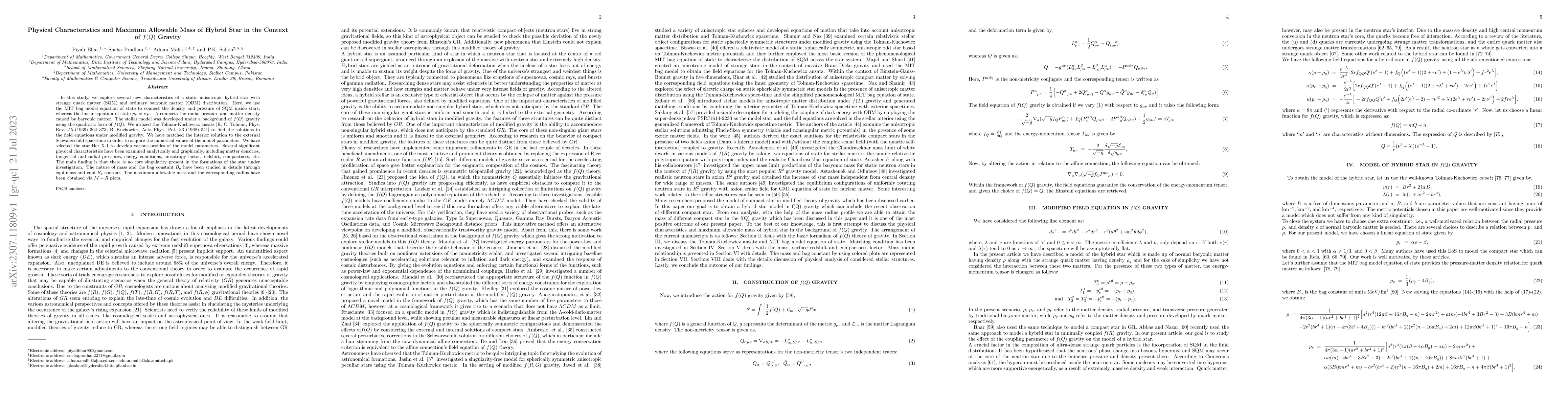 Thumbnail for Physical Characteristics and Maximum Allowable Mass of Hybrid Star in
  the Context of $f(Q)$ Gravity
