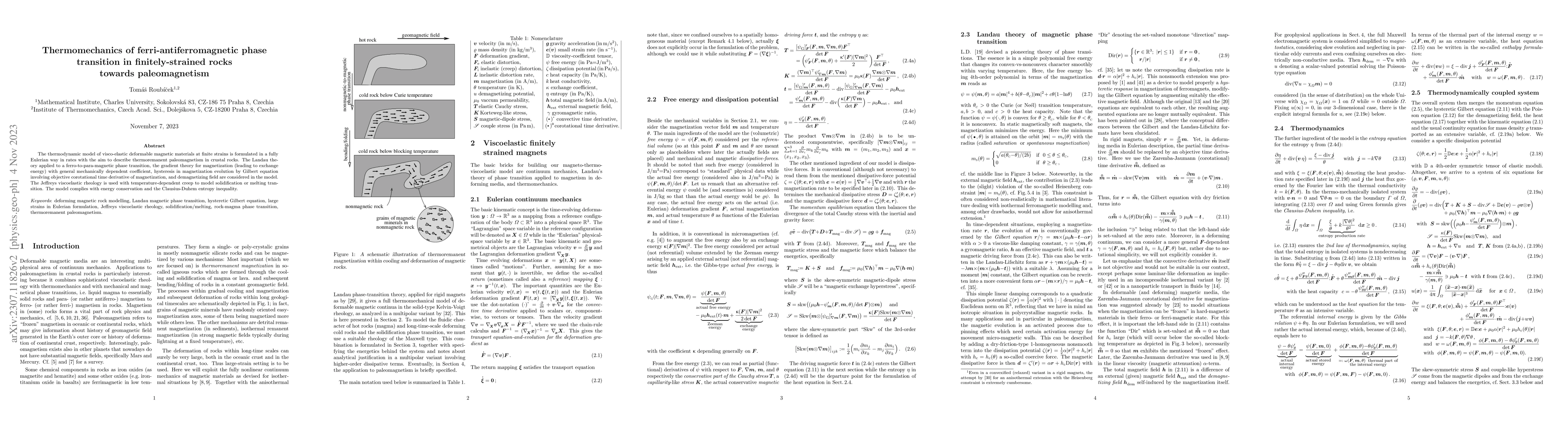 Thumbnail for Thermomechanics of ferri-antiferromagnetic phase transition in
  finitely-strained rocks towards paleomagnetism