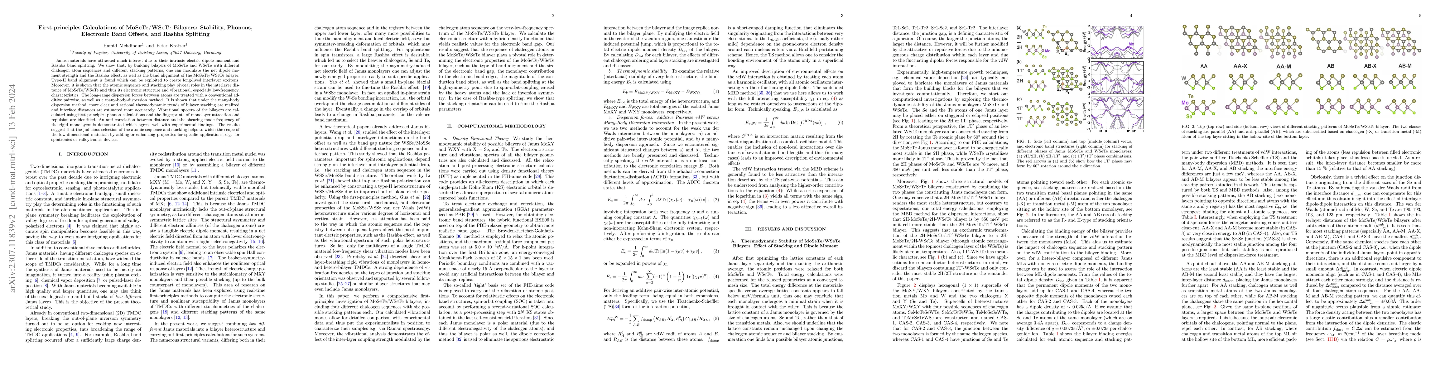 Thumbnail for First-principles Calculations of MoSeTe/WSeTe Bilayers: Stability,
  Phonons, Electronic Band Offsets, and Rashba Splitting