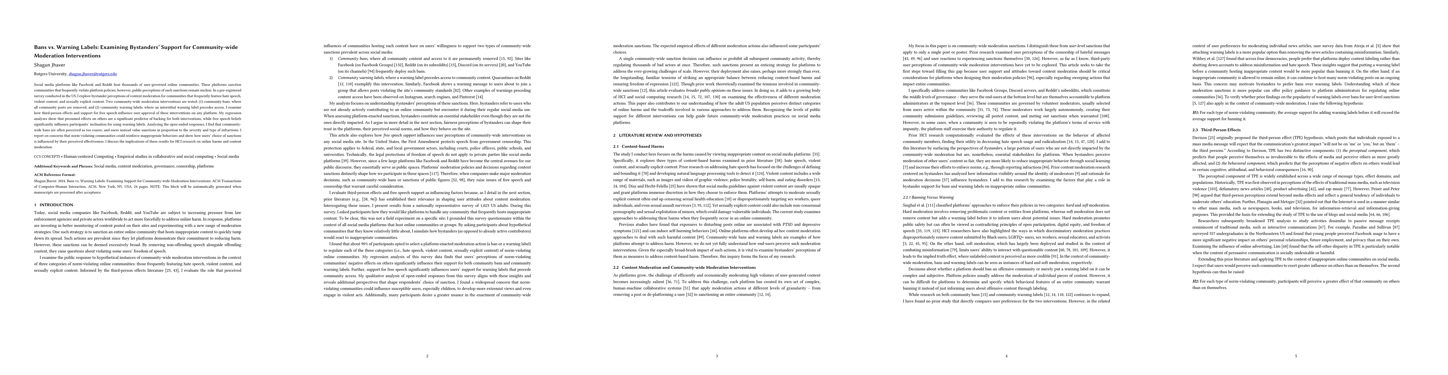 Thumbnail for Bans vs. Warning Labels: Examining Support for Community-wide Moderation
  Interventions