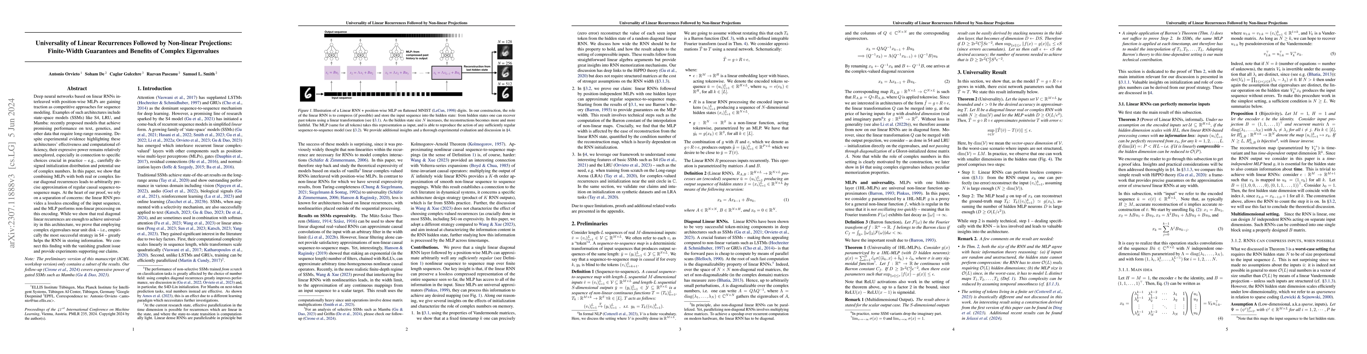 Thumbnail for Universality of Linear Recurrences Followed by Non-linear Projections:
  Finite-Width Guarantees and Benefits of Complex Eigenvalues