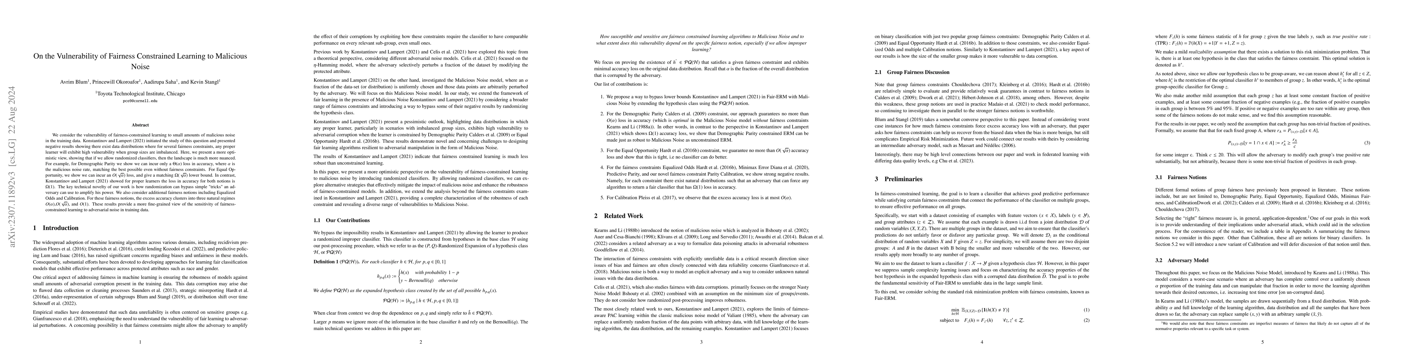 Thumbnail for On the Vulnerability of Fairness Constrained Learning to Malicious Noise