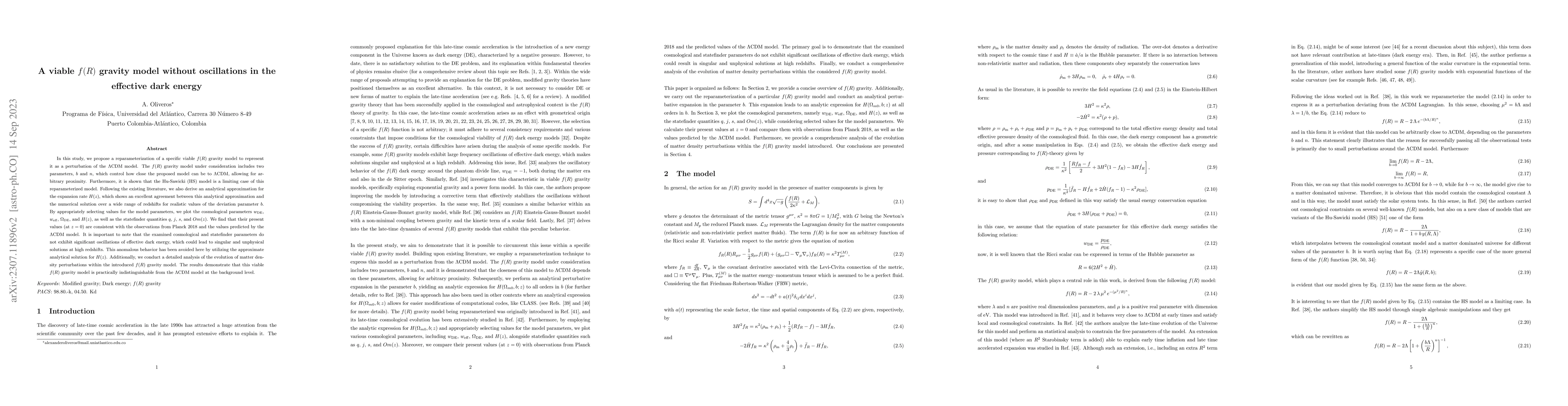 Thumbnail for A viable $f(R)$ gravity model without oscillations in the effective dark
  energy