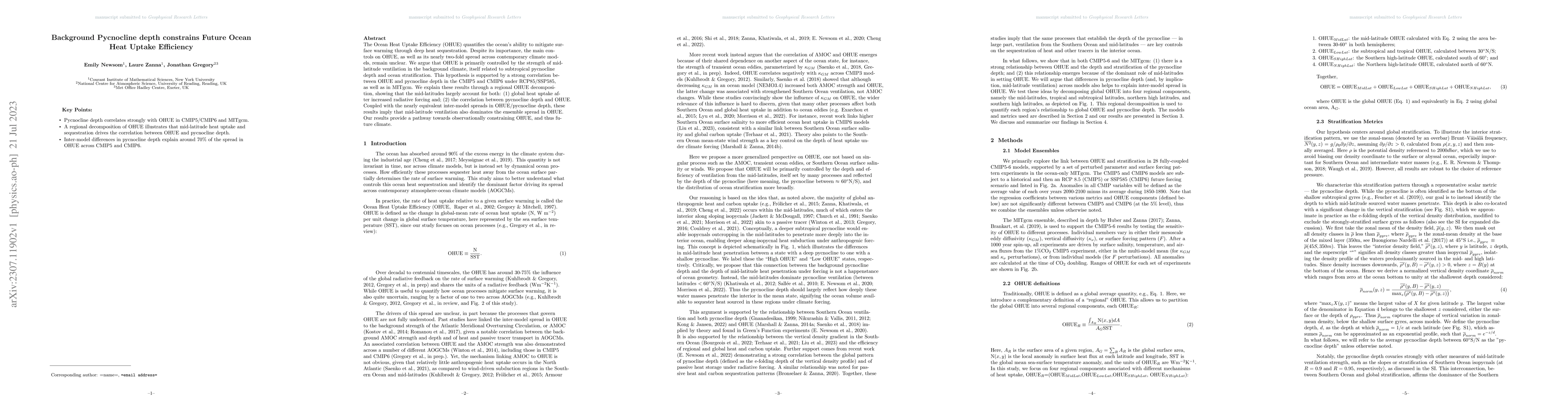 Thumbnail for Background Pycnocline depth constrains Future Ocean Heat Uptake
  Efficiency