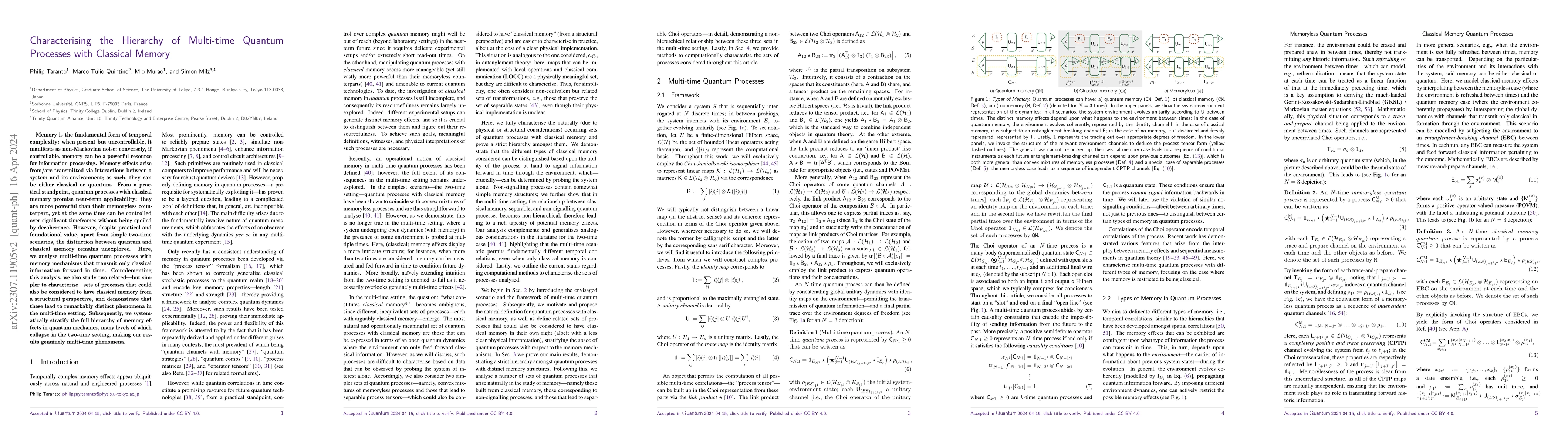 Thumbnail for Characterising the Hierarchy of Multi-time Quantum Processes with
  Classical Memory