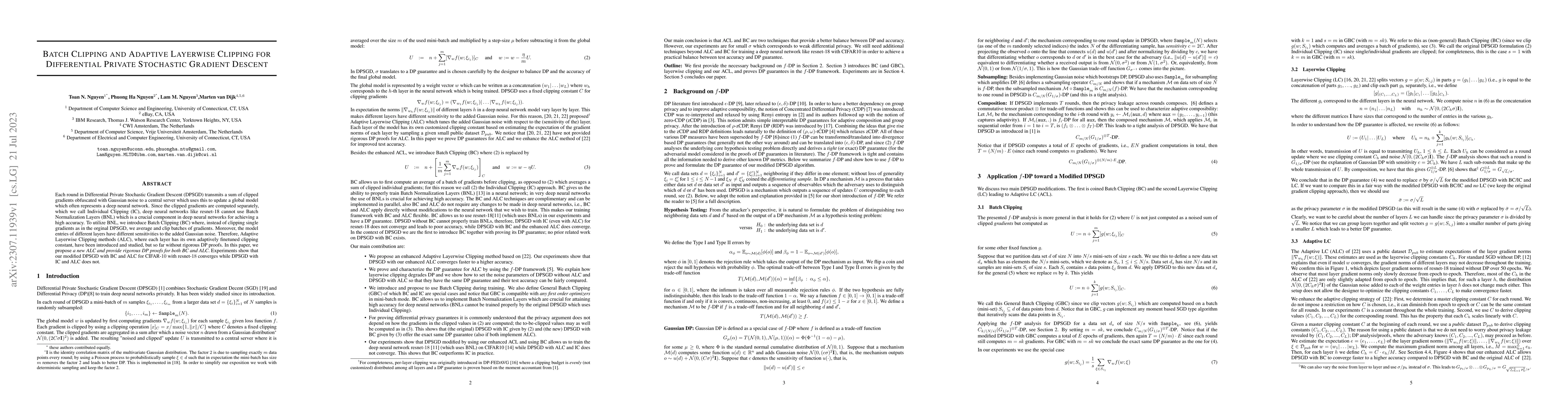 Thumbnail for Batch Clipping and Adaptive Layerwise Clipping for Differential Private
  Stochastic Gradient Descent