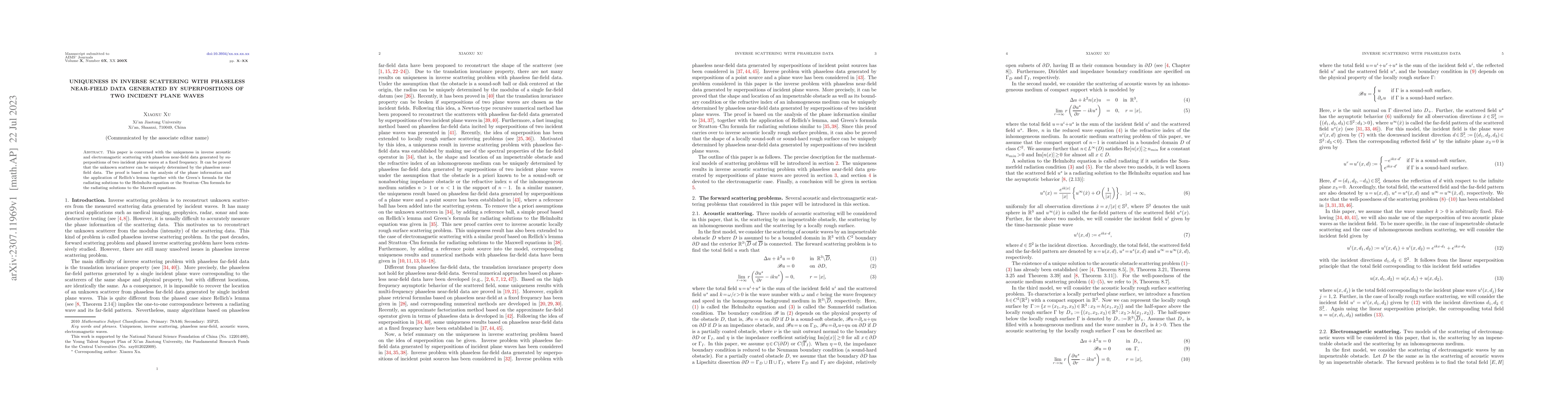 Thumbnail for Uniqueness in inverse scattering with phaseless near-field data
  generated by superpositions of two incident plane waves