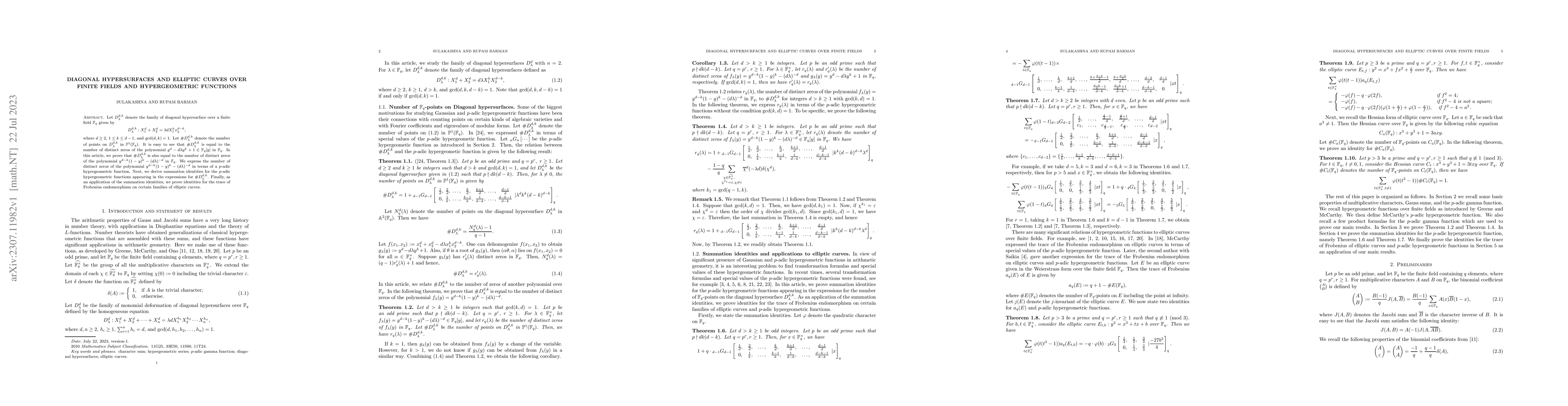 Thumbnail for Diagonal hypersurfaces and elliptic curves over finite fields and
  hypergeometric functions